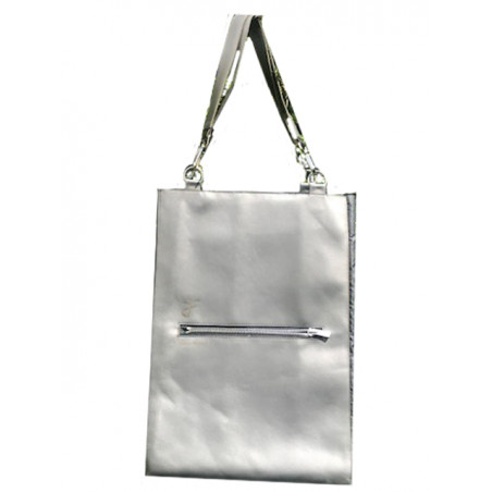 Sac A4 JusteenFRANCE, cuir gris argenté et nylon